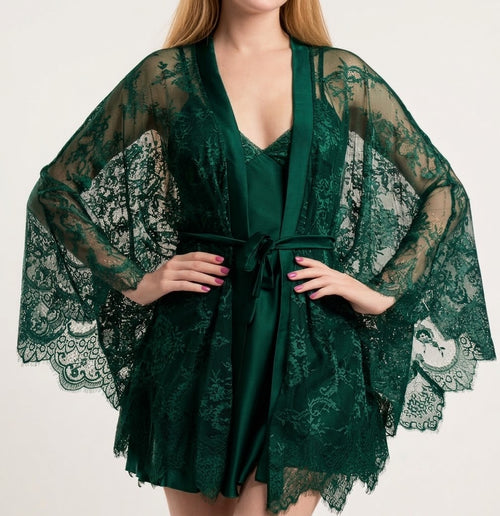 Bridal Satin Nightwear with Lace Robe Set