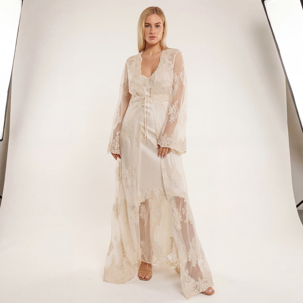 Satin Lace Nightgown with Robe Set -  Zenobia
