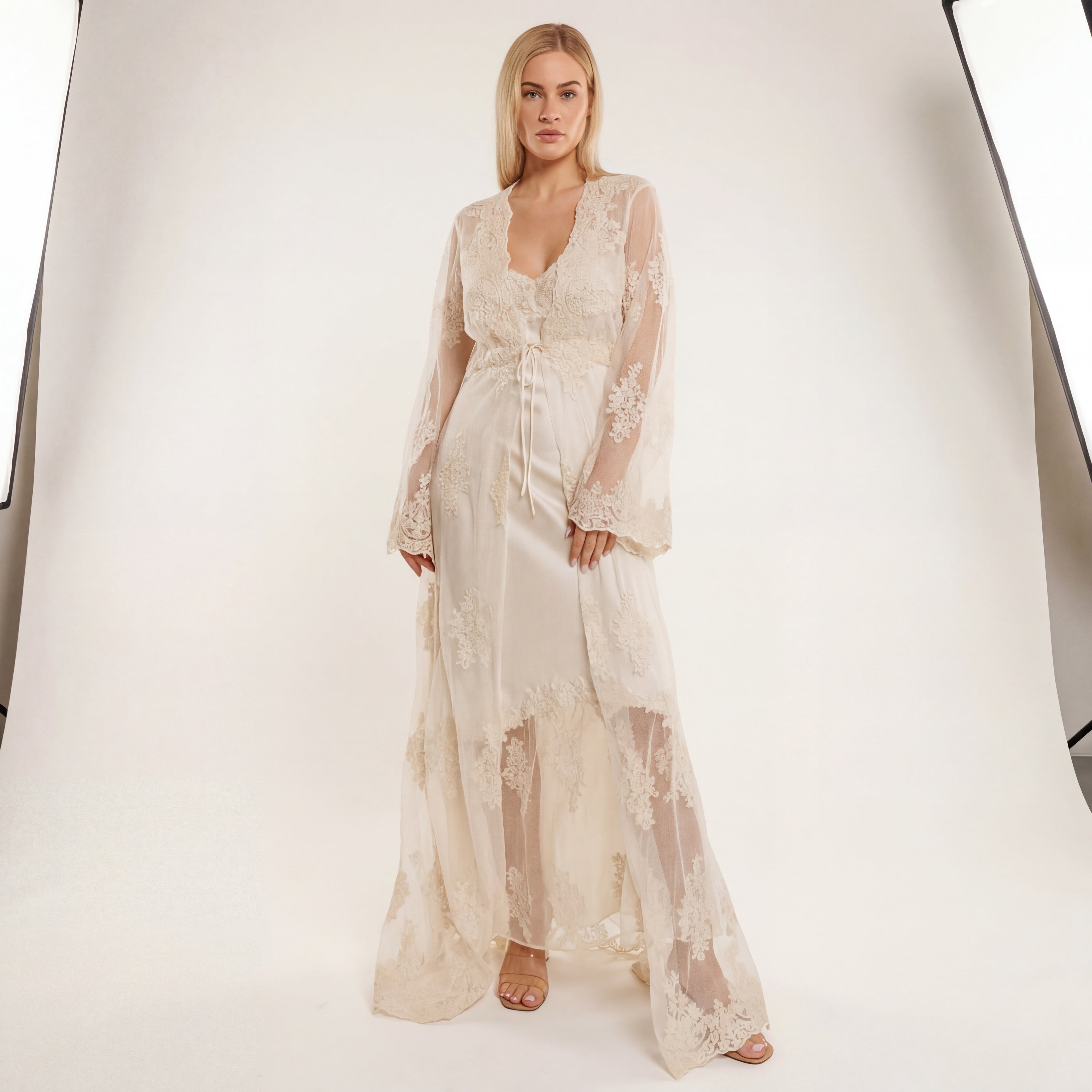 Satin Lace Nightgown with Robe Set -  Zenobia