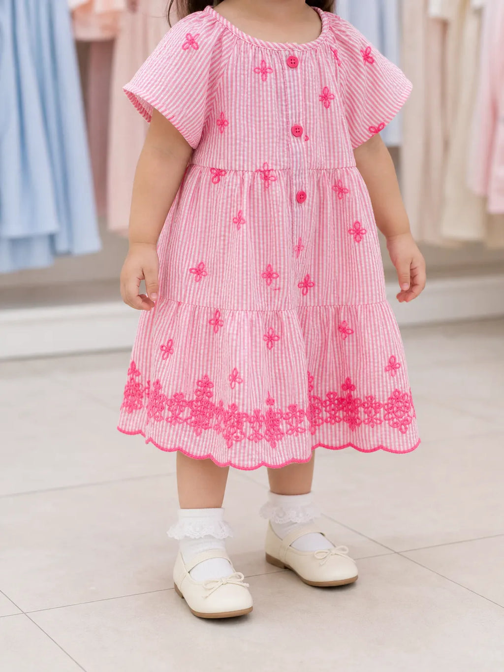 Bloom - Pink Stripe Floral Embroidered Toddler Dress