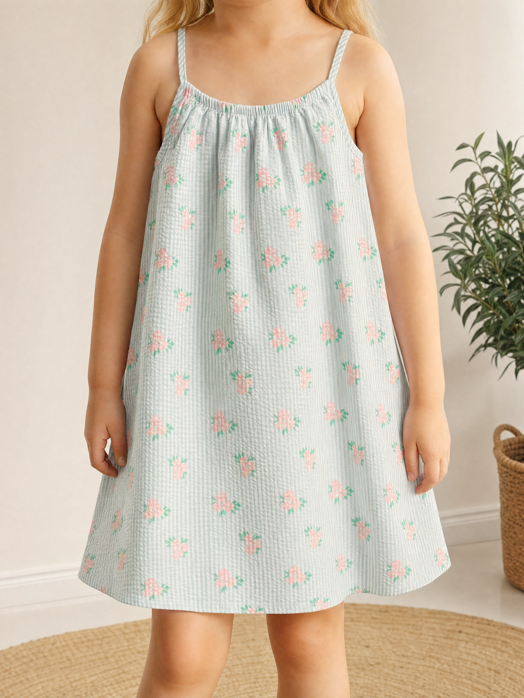 Girls' Summer Floral Seersucker Spaghetti Strap A-Line Dress