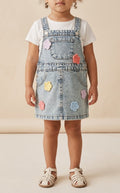 Kids' Light Wash Denim Dungaree Dress with Floral Details
