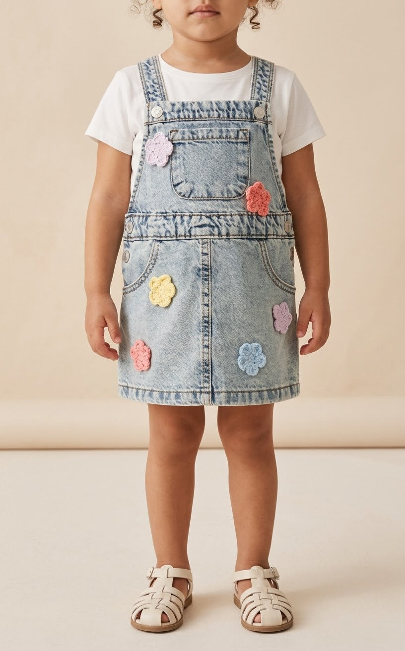 Kids' Light Wash Denim Dungaree Dress with Floral Details