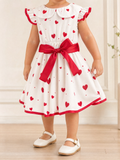 Girls White Heart Print Dress with Red Bow Sash & Flutter Sleeves