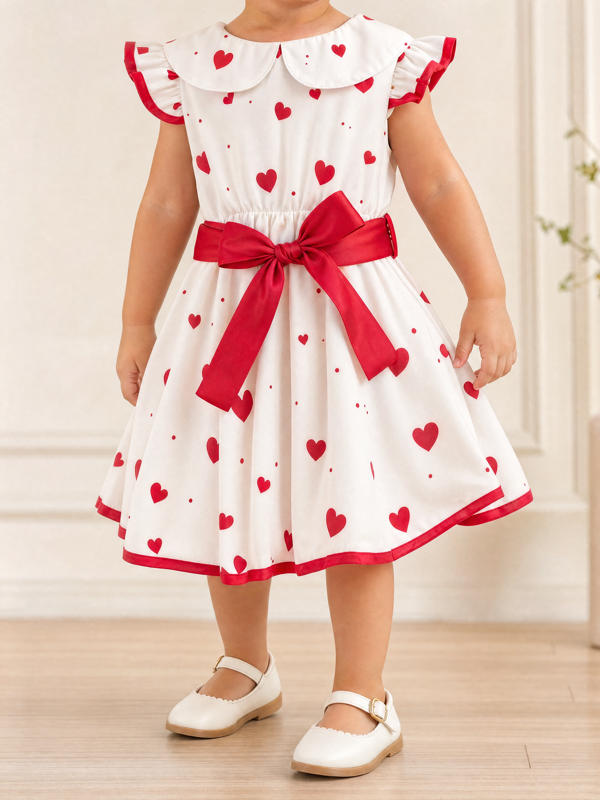 Girls White Heart Print Dress with Red Bow Sash & Flutter Sleeves