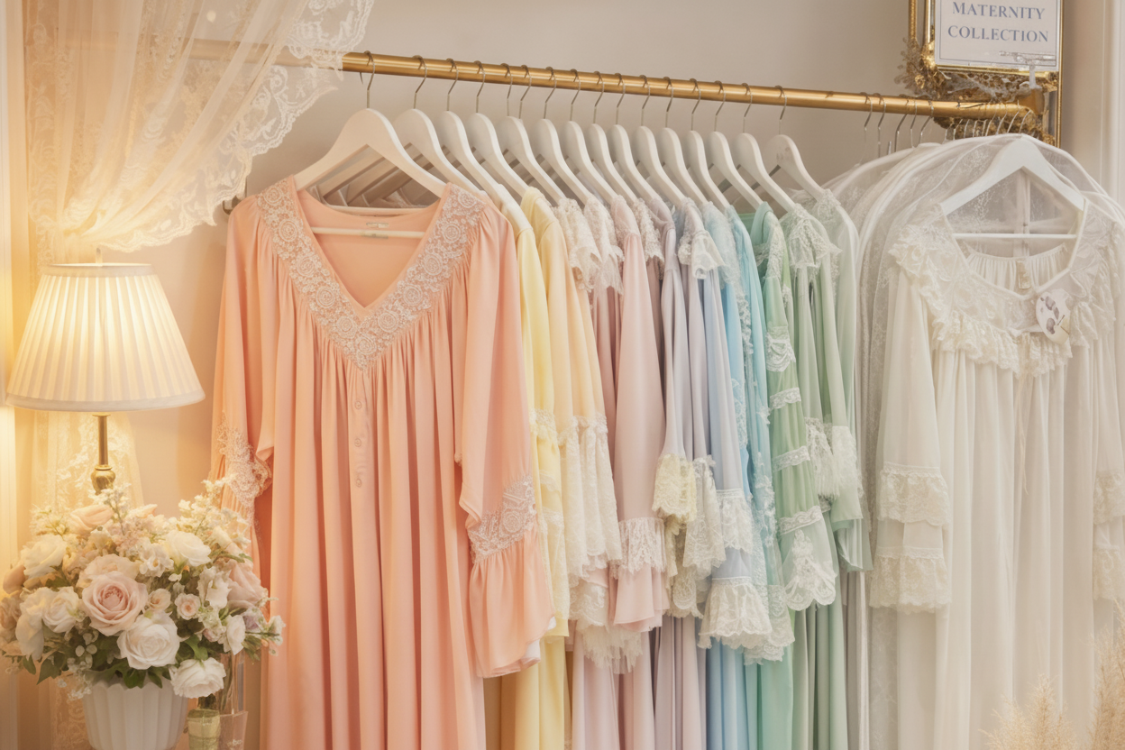 Pastel-colored nightgowns on hangers with a lamp and flowers in the background.